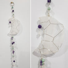 Load image into Gallery viewer, MANIFESTATION / INTUITION / SPIRITUALITY - Moon Crescent Quartz Crystal Carving Stone silver wired Crystal Energy Enhancer© / Wall Hanger / Sun Catcher / Ornament 1 360mm
