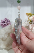 Load image into Gallery viewer, LEAF OF RENEWAL - Handcrafted Moss Agate Leaf silver Crystal Energy Enhancer© / Hanger / Ornament / Suncatcher 

SPIRITUAL GROWTH | LOVE | BALANCE

Gorgeous Moss Agate leaf crystal carving beaded with Rose Quartz &amp; Moss Agate. Wire wrapped in silver

Genuine Crystals. no plastic or glass. Ensuring energy flow throughout the enhancer. 


