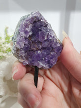 Load image into Gallery viewer, Gorgeous Amethyst Crystal Cluster Stone On stand. So sparkly and great display piece. 
