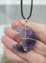 Load image into Gallery viewer, Amethyst Moon Crystal Pendant Wire Wrapped Silver Stone with black cord chain 30mm | Inspires Intuition and Spirituality P65
