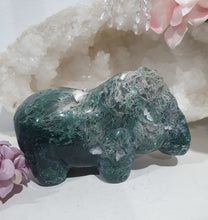 Load image into Gallery viewer, Hippopotamus Hippo Moss Agate Crystal Carving Stone

INSPIRES GROUNDING AND CONNECTION TO EARTH

Beautiful Moss Agate Hippo Crystal Carving Stone.  Amazing Piece!.     
