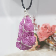 Load image into Gallery viewer, Ruby Raw Crystal Wire Wrapped Pendant Stone silver with black cord necklace P55
