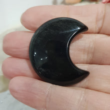 Load image into Gallery viewer, Moon Crescent Black Obsidian Crystal Carving 30mm 5 GOLDEN SHEEN
