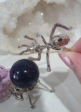 Load image into Gallery viewer, Beautiful Blue Sandstone Sphere Crystal Carving on Silver Stand in the shape of an ant. This is so lovely and sparkly.

