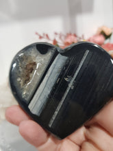 Load image into Gallery viewer, Heart Black Agate Crystal Carving on Stand Stone 70mm 6 druzy inclusions
