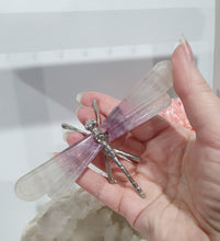 Load image into Gallery viewer, Dragonfly Fluorite Crystal Carving Stone on metal legs. LIGHT IN COLOUR 

Inspires CONCENTRATION AND STABILITY

Lovely Fluorite Dragonfly crystal carving with silver metal legs. Discounted as the stone is quite light in colour.    
