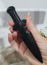 Load image into Gallery viewer, Beautiful polished Black Obsidian Athame (Dagger) Crystal Carving Stone.  

An Athame is a ceremonial knife used in spiritual rituals to direct energy, cast circles, and represent the element of fire or air, but it is typically not used for physical cutting.
