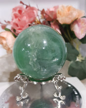 Load image into Gallery viewer, GREEN Fluorite Sphere Crystal Carving Stone on Silver Stand 55mm STUNNING
