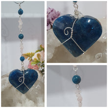 Load image into Gallery viewer, HEART OF POSSIBILITY" Handcrafted Apatite Heart Crystal Carving Silver Crystal Energy Enhancer© / Hanger / Ornament / Suncatcher 

MANIFEST | LOVE | HARMONY

Gorgeous Apatite heart crystal carving beaded with Apatite, Rose Quartz &amp; Quartz.  Wire wrapped in silver
 
