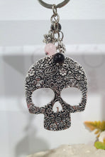 Load image into Gallery viewer, THE BLOOMING SOUL " Metal Skull Keyring Key chain with Rose Quartz &amp; Black Obsidian Beads Stone Silver Crystal Key Ring

INSPIRES STRENGTH AND TRANSFORMATION

Carry a little Strength wherever life takes you!
