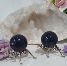 Load image into Gallery viewer, Beautiful Blue Sandstone Sphere Crystal Carving on Silver Stand in the shape of an ant. This is so lovely and sparkly.

