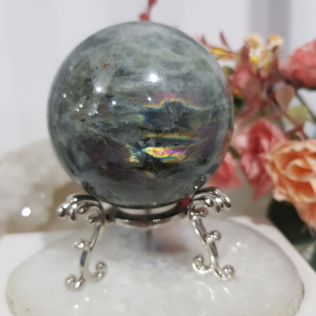 Labradorite Sphere Crystal Carving Stone on silver stand 60mm 3
