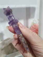 Load image into Gallery viewer, SECONDS STOCK  - Athame Dagger Amethyst Chevron Crystal Carving Stone

INSPIIRES INTUITION AND SPIRITUALITY

this has a misshapen tip 

Lovely Amethyst Chevon Athame (Dagger) Crystal Carving Stone. The very tip is just a little misshapen  

