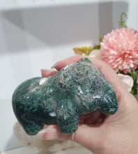 Load image into Gallery viewer, Hippopotamus Hippo Moss Agate Crystal Carving Stone

INSPIRES GROUNDING AND CONNECTION TO EARTH

Beautiful Moss Agate Hippo Crystal Carving Stone.  Amazing Piece!.     
