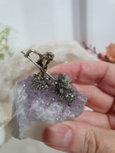 Load image into Gallery viewer, Gorgeous Miner on Amethyst Crystal Cluster Stone with pyrite. Inspires Intuition and spirituality
