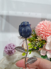 Load image into Gallery viewer, Rose Flower Sodalite Crystal Carving with silver stem.

Promotes Emotional Balance

Sodalite Flower / Rose Crystal Carving with silver stem and leaves.
