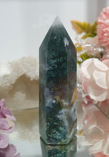 Load image into Gallery viewer, Moss Agate Crystal Tower Point Stone

INSPIRES GROUNDING AND CONNECTION TO EARTH

Lovely Moss Agate Crystal Point Tower. 
