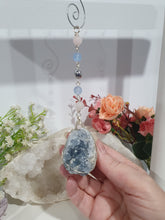 Load image into Gallery viewer, Gorgeous Blue Celestite Crystal Egg specimen Crystal Energy Enhancer / suncatcher beaded with Rose Quartz. Blue Jade and Hematite. Promote Divine Connection, harmony and spirituality. 
