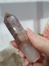 Load image into Gallery viewer, SECONDS STOCK - Amethyst Agate Crystal Point Tower Stone

THIS POINT IS A TAD WOBBLY

INSPIRES INTUITION AND WELLBEING

Amethyst Agate Tower Crystal Stone. is a little wobbly.  



