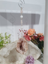 Load image into Gallery viewer, "GRACE &amp; CONNECTION" Pink Amethyst Geode Stone Silver Wired Crystal Energy Enhancer© Hanger Ornament Suncatcher 200mm | Divine Connection, Spirituality &amp; Love
