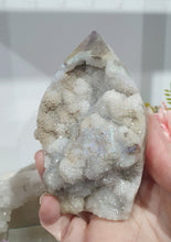 Load image into Gallery viewer, Titanium Aura Sphalerite Flame Tower Druzy Crystal Cluster

PROMOTES PSYCHIC DEVELOPMENT AND UPLIFTS

Absolutely Stunning Titanium Aura Sphalerite Crystal Flame Crystal Cluster.  The Druzy and formation on this is spectacular!. 
