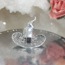 Load image into Gallery viewer, BROOCH WITCHES HAT silver metal 30mm CUTE FUN faux stone
