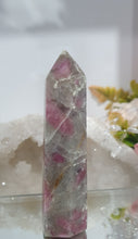 Load image into Gallery viewer, Pink Tourmaline in Quartz Crystal Point Tower Stone.

THIS POINT HAS A BROKEN TIP

STONE OF SELF LOVE &amp; COMPASSION

Lovely Pink Tourmaline in Quartz point tower. Lovely pockets of Pink Tourmaline. 
