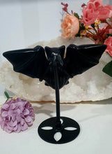 Load image into Gallery viewer, Beautiful polished Black Obsidian BAT Crystal Carving Stone on stand. Promotes protection and balance
