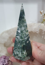 Load image into Gallery viewer, Moss Agate Crystal Tower Point Pinnacle Stone

INSPIRES GROUNDING AND CONNECTION TO EARTH

Lovely Moss Agate Crystal Pinnacle Point Tower Stone. 
