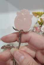 Load image into Gallery viewer, Rose Flower Rose Quartz Crystal Carving with silver stem.

Promotes Unconditional Love and Harmony

Beautiful Rose Quartz Flower / Rose Crystal Carving stone with silver stem and leaves.    
