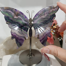 Load image into Gallery viewer, Butterfly Wings on Stand Fluorite Crystal carving gemstone stone 130mm 8 GORGEOUS EARTH INCLUSIONS
