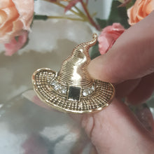 Load image into Gallery viewer, BROOCH WITCHES HAT gold metal 30mm CUTE FUN faux stone
