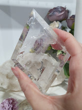 Load image into Gallery viewer, Diamond Crystal Carving Quartz Stone on Silver Stand 180mm | Inspires Power, Purity and Spirituality has amazing RAINBOWS
