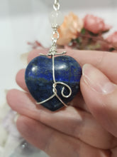 Load image into Gallery viewer, HEART OF HARMONY - Lapis Lazuli Crystal Heart Silver Wired Energy Enhancer© / Hanger /  Sun Catcher 175mm EE28
