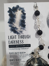 Load image into Gallery viewer, LIGHT THROUGH DARKNESS" Handcrafted Black Agate Tower Crystal Carving Silver Crystal Energy Enhancer© Gemstone / Hanger / Suncatcher / Ornament 

STRENGTH | COURAGE | CLARITY

Beautiful Black Agate Tower Carving Crystal Energy Enhancer© / Sun Catcher / Ornament / Hanger beaded with Black Agate, Quartz and Herkimer Diamonds.  wired in Silver


