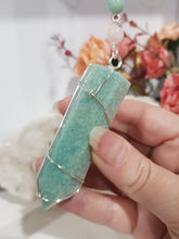 Load image into Gallery viewer, WAND OF HOPE - NURTURES | LOVE | CALMS - Amazonite Crystal Point Tower Silver Stone Crystal Energy Enhancer© / Hanger / Ornament / Suncatcher 200mm
