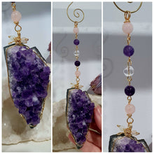 Load image into Gallery viewer, THE SEER AMULET - handcrafted Amethyst Cluster gold Crystal Energy Enhancer© Hanger Ornament Suncatcher Perfect gift for any crystal lover. Suncatchers Australia

