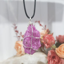 Load image into Gallery viewer, Ruby Raw Crystal Wire Wrapped Pendant Stone silver with black cord necklace P55

