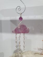 Load image into Gallery viewer, Lovely "EVERY CLOUD HAS A SILVER LINING" Fluorite Cloud silver wired Crystal Energy Enhancer© Hanger Ornament Suncatcher.

From Darkness comes Light. 

TRANSFORMATION / INTUITION / SPIRITUALITY

Beautiful Fluorite Cloud Crystal Carving beaded with Fluorite &amp; Quartz.  wired in Silver
