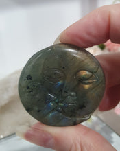 Load image into Gallery viewer, Moon Labradorite Crystal Carving

Inspires Transformation and Inner Strength

Labradorite Moon with orange flash Crystal Carving. 
