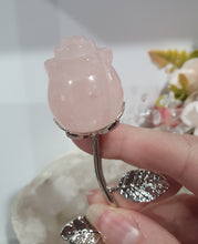 Load image into Gallery viewer, Rose Flower Rose Quartz Crystal Carving with silver stem.

Promotes Unconditional Love and Harmony

Beautiful Rose Quartz Flower / Rose Crystal Carving stone with silver stem and leaves.    

