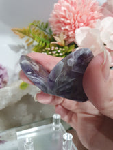 Load image into Gallery viewer, Butterfly Amethyst Crystal Carving Stone on Stand. Inspires Intuition and Spirituality.

Beautiful polished Amethyst Chevron Butterfly Crystal Carving on plastic stand
