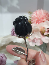 Load image into Gallery viewer, Lovely Rose Flower Black Obsidian Crystal Carving with silver stem.
Promotes Protection and Balance
