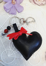 Load image into Gallery viewer, Love &amp; Seductions Crystal Keyring in silver. Vinyl Heart with bow. Beaded with Obsidian, Carnelian and Hematite. Protection, Love and Seduction.
