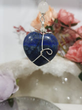 Load image into Gallery viewer, HEART OF HARMONY - Lapis Lazuli Crystal Heart Silver Wired Energy Enhancer© / Hanger /  Sun Catcher 175mm EE28
