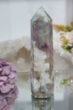 Load image into Gallery viewer, Pink Tourmaline in Quartz Crystal Point Tower Stone.

STONE OF SELF LOVE &amp; COMPASSION

Lovely Pink Tourmaline in Quartz point tower. Lovely pockets of Pink Tourmaline. 



