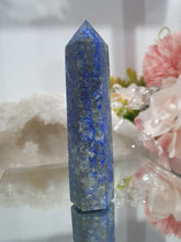 Load image into Gallery viewer, Lapis Lazuli with Pyrite Crystal Point Tower Stone.  

INSPIRES HARMONY, WISDOM &amp; PSYCHIC PROTECTION

Lovely Lapis Lazuli crystal point tower with gorgeous Pyrite inclusions. 
