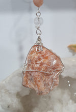 Load image into Gallery viewer, EMPOWERED BY THE SUN" Handcrafted Sunstone Raw Crystal Carving Silver Crystal Energy Enhancer© Hanger Ornament Suncatcher 

Inspires EMPOWERMENT | JOY | COURAGE

Lovely Sunstone rough crystal stone beaded with Sunstone and Quartz.  Wire wrapped in silver
