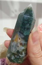 Load image into Gallery viewer, Moss Agate Crystal Tower Point Stone

INSPIRES GROUNDING AND CONNECTION TO EARTH

Lovely Moss Agate Crystal Point Tower. 
