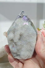 Load image into Gallery viewer, Titanium Aura Sphalerite Flame Tower Druzy Crystal Cluster

PROMOTES PSYCHIC DEVELOPMENT AND UPLIFTS

Titanium Aura Sphalerite Crystal Flame Crystal Cluster.  The Druzy is lovely on the flame!. 
